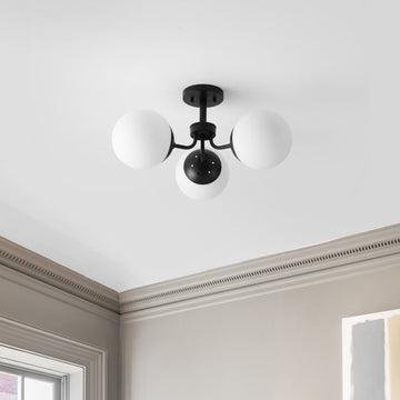 Olivier 23.5" 3-Light Bohemian Farmhouse Iron/Frosted Glass LED Semi Flush Mount - JONATHAN Y